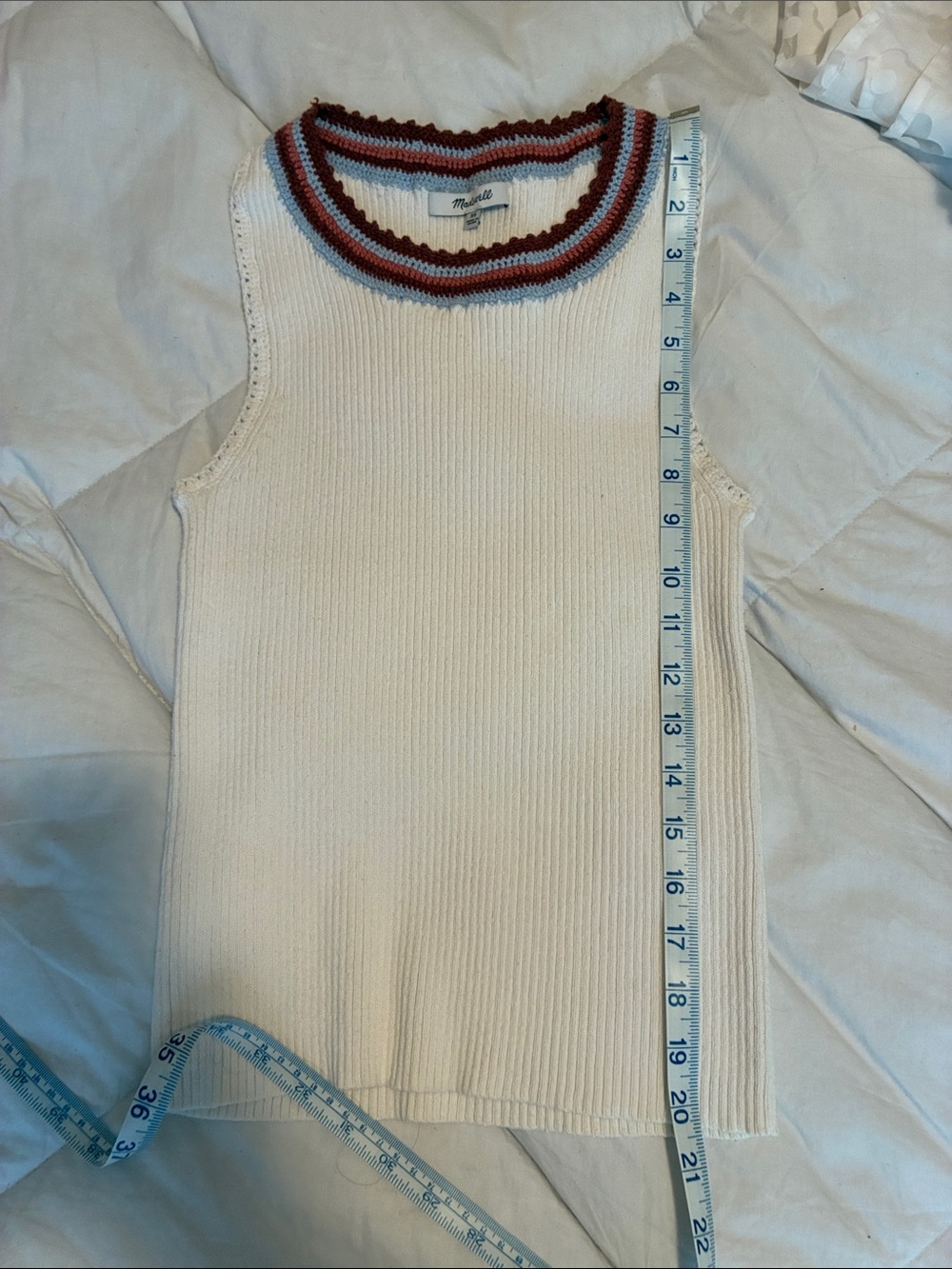 Madewell Cream Knit Top with Rust and Light Blue Crochet Trim